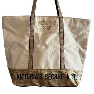 Victoria Secret Ivory & gold glitter tote bag magnetic closure NWOT